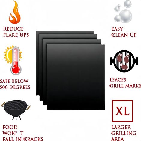 Ein Set aus 4 Teflon-Grillmatten mit Antihaftbeschichtung, geeignet zum Grillen, Backen und Braten, die Temperaturen bis zu 500°F (ca. 260°C) standhalten.