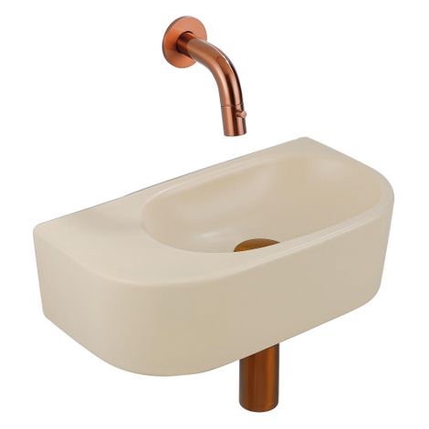 QeramiQ Fuente Ensemble de Lavabo - 40x21.5x12cm - lisse - demi-rond - sans trou pour robinet - céramique - ensemble de robinet en cuivre brossé -