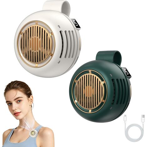 2 Pack Mini Clip-On Fan Portable Silent Bladeless Wearable Cooling Fan 5-Speed Adjustable for Shirt Waist Travel Outdoor Use-Green&Beige (1/4)