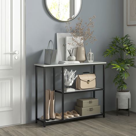 Tavolo consolle 100x30x80 cm bianco in acciaio e pannello effetto marmo con 2 ripiani e fermo antiribaltamento (1/5)