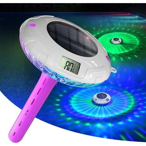 Solarbetriebene Poolleuchte mit zwei LCD-Bildschirmen, gut ablesbarem, schwimmendem Poolthermometer, 8 dynamischen Lichteffekten und wasserdichtem Digitalthermometer (IPX7).