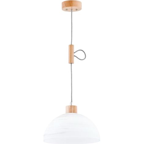 Alfa HOLIDAY 2 Modern Hanging Pendant Ceiling Lamp, Light Wood & White Glass Shade, 1xE27 60W, Dimmable Indoor IP20, 90cm Height, 30cm Diameter, Model 60349