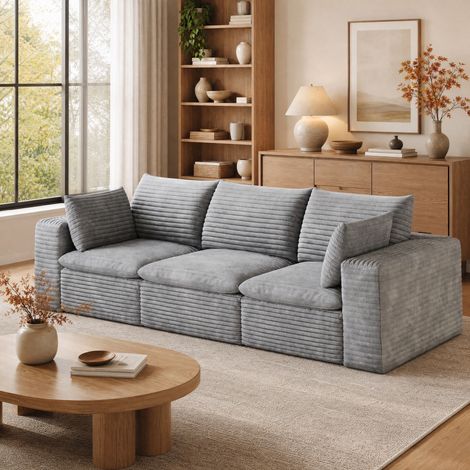 Sofá de 3 plazas de 260 cm en tejido acanalado gris, diseño modular y cojines extraíbles OKWISH (1/5)