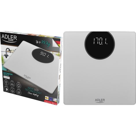 Adler AD8175 Báscula de Baño Digital Alta Precisión 180Kg, Pantalla LED Apagado Automático, Vidrio Templado Plata (1/5)