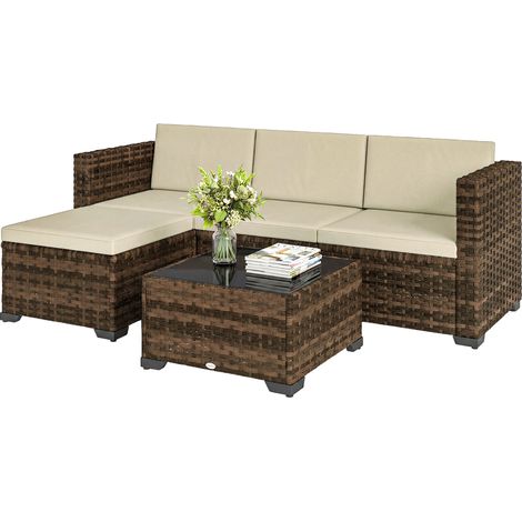 Ensemble de jardin extérieur en rotin 5 pièces avec coussins, 2 fauteuils d'angle, 1 chaise sans accoudoirs, repose-pieds et table (1/5)