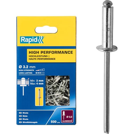 RAPID - Rivets Hautes Performances - Ø3,2 x 8mm Aluminium - Boîte de 500, fixation solide entre les matériaux, lien durable - (5001431)