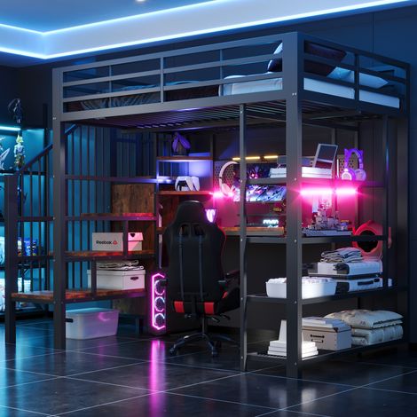 Lit mezzanine moderne 140x200 cm métal et bois noir avec escalier rangement, bureau, panneau perforé, prises et LED (1/5)