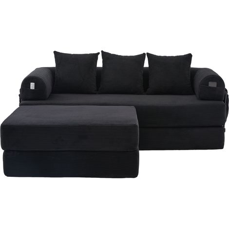 Modulares Cordsofa mit Seitentasche, 3 Kissen und Hocker, Metallgestell, schwarz (1/5)