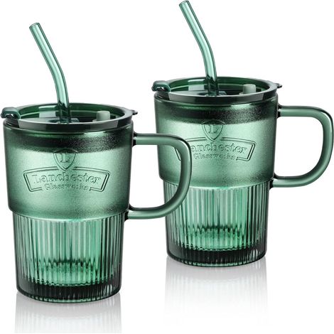 Vase de 450 ml avec couvercle et paille, vase à café glacé avec paille et couvercle, lot de 2 bouteilles d'eau vertes avec paille (1/5)