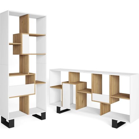 Skraut Home - Librería estantería, Estanteria libros de pared, 67x31x174cm, Diseño industrial, Estilo Moderno, Blanco y roble (1/5)