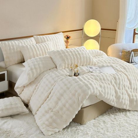 Bettwäsche 200x200 cm Plüsch Langhaar Creme Weiß Winter Warm Kuschelig 3-teilig mit Reißverschluss