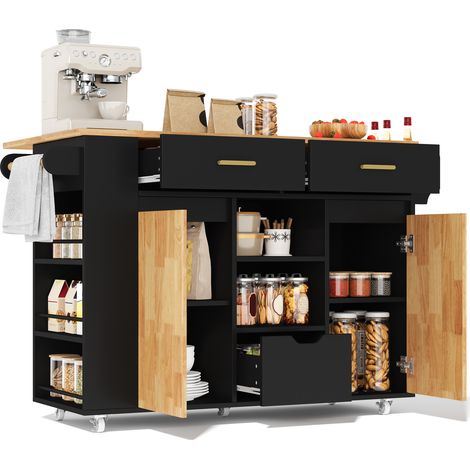 Desserte de Cuisine avec 3 Tiroirs et Plateau Rabattable, Porte-serviettes, MDF, Noir Naturel, 120 x 45(71) x 90 cm (1/5)