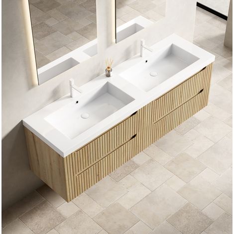 Meuble vasque suspendu 160 cm avec 2 vasques intégrées, 4 tiroirs, blanc chêne (1/5)