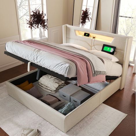 Polsterbett mit LED und USB Type C 160x200 Leinen OKMYHOME (1/5)
