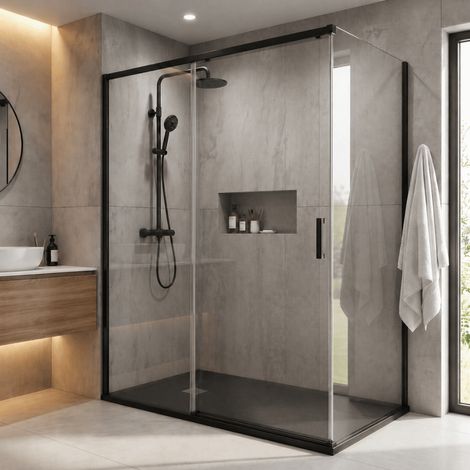 Pack douche fermée (entre deux murs) noir : receveur 160x90 cm + paroi coulissante + paroi latérale fixe