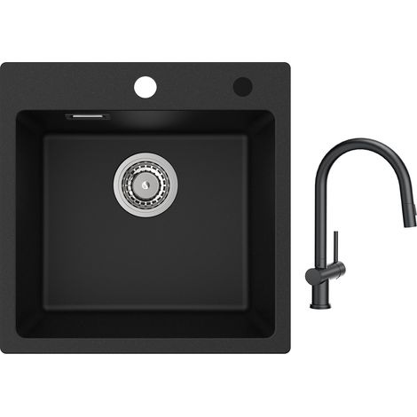 Cecipa Evier 1 Bac en Quartz et Résine 45x45cm Evier de Cuisine Evier à Encastrer 1 cuve + Mitigeur de Cuisine avec Douchette Extractible avec 2 Types de Jet Noir (1/5)
