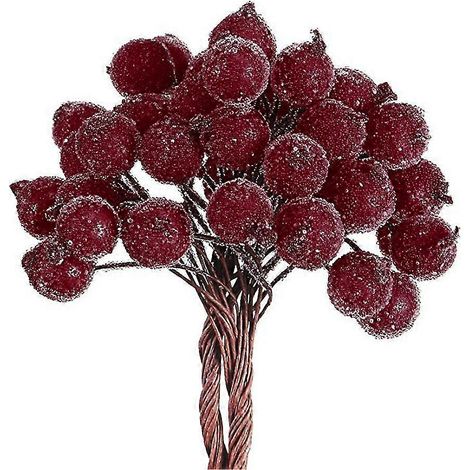 40 bayas artificiales decorativas mini de acebo rojo intenso escarchado para Navidad, ideales para la decoración del hogar. (1/5)