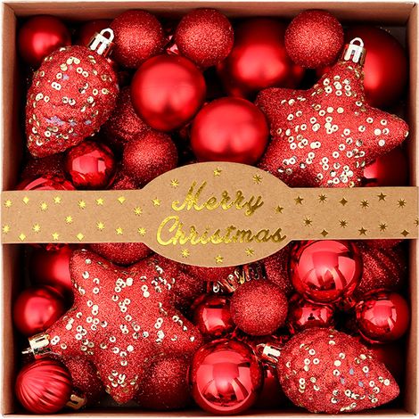 Caja de regalo con 50 adornos navideños de plástico rojo para el árbol de Navidad. (1/5)