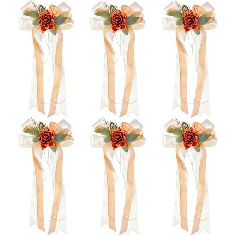 Lot de 6 nœuds de voiture en soie Décoration de voiture de mariage Simulation de rose Nœud de voiture Poignée de porte Rétroviseur Décoration de chaise de mariage Avec ventouses 36x 17CM (1/5)