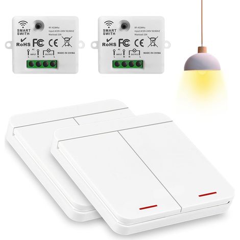 Interrupteur Sans Fil 230V, Installer Interrupteur sans percer, Interrupteurs Télécommande pour garage Salon, Escalier, Extérieur (2 Interrupteur + 2 Récepteur) (1/5)