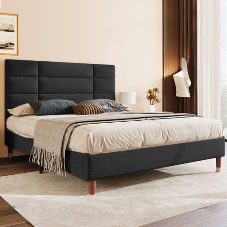 Lit rembourré — Lit double (avec sommier à lattes) — Cadre de lit rembourré (avec tête de lit) — Lin noir — Adapté aux adultes et adolescents (matelas non inclus) (1/5)