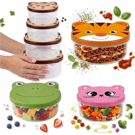 Set di 4 contenitori per alimenti per animali per bambini, ideali per la scuola. (1/5)