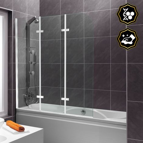 Jiubiaz Duschwand Badewanne 120 x 140 cm, 3-teilig faltbare Badewannenfaltwand, Badewannenaufsatz aus 6 mm ESG Sicherheitsglas, 180° schwenkbar, Silber Transparent (1/5)