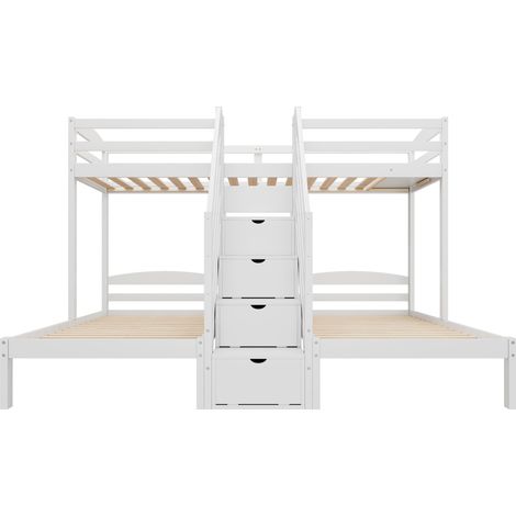 Etagenbett 90 x 200 cm aus weißem Kiefernholz mit Stauraumtreppe und Schubladen (1/5)