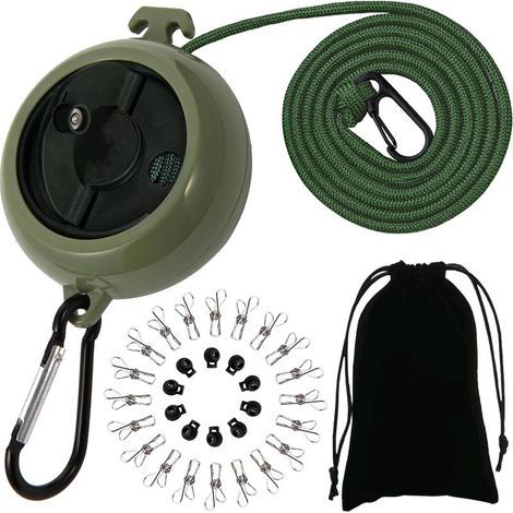 Einziehbare Wäscheleine, tragbare, rutschfeste Wäscheleine, 10 m Reise-Wäscheleine, 10 Halteschlaufen und 20 Wäscheklammern, für Outdoor-Camping-Reisezubehör (Grün-A) (1/5)
