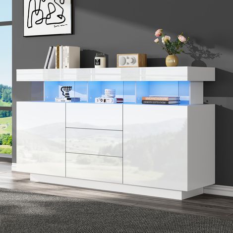 Credenza bianca da soggiorno con 2 ante, 3 cassetti e 3 vani aperti, mobile contenitore per soggiorno, cucina e camera da letto (1/5)