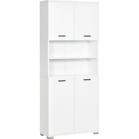 Meuble de salle de bain en panneaux de particules blancs avec 2 placards à portes et 2 étagères ouvertes, 80 x 33,5 x 190 cm (1/5)