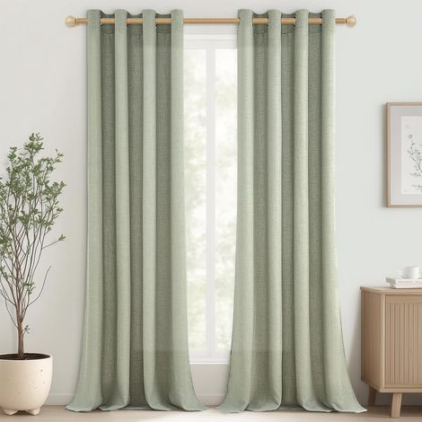 Rideau Voilage Vert Sauge en Lin 140x250 CM pour Salon Moderne Lot de 2 Panneaux de Rideaux Voilages Intérieurs Translucide à Oeillets Décoration de Maison Fenetre Chambre Fille (1/5)