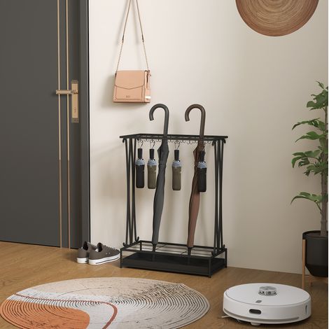 Porte-parapluies 50x24x68 cm en acier noir, gain de place avec 24 crochets pour entrée FLORAGRACE (1/5)