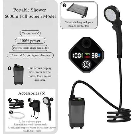 Bärbar Campingsdusch, Uppladdningsbar 6000mAh Batteripump, ABS Utomhus Resedusch for Camping och Biltvätt, Som Visas