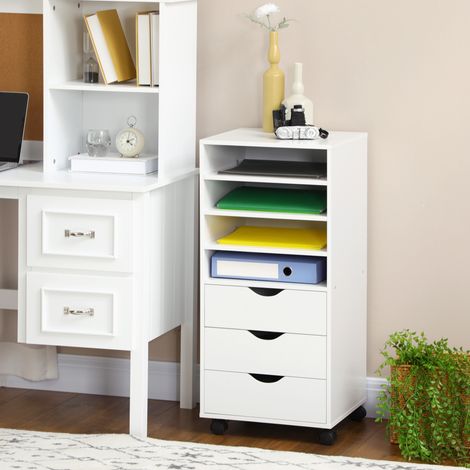Armoire bureau blanche 4 tiroirs 3 casiers étagères, meuble rangement sur roulettes, bois blanc (1/5)