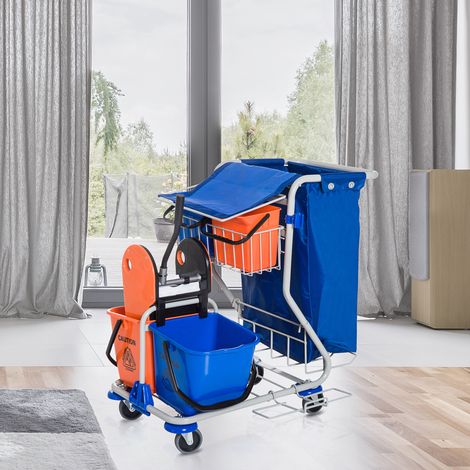 Chariot de nettoyage professionnel avec sac poubelle, 2 seaux à laver 18L, 2 seaux de rangement 6L, essoreuse à serpillière, crochet et roues pour hôtel, 93x80x97 cm, orange (1/5)
