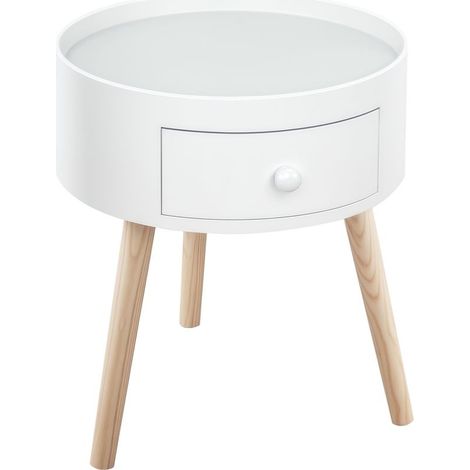 Table of bedside round to 1 drawer, with sill sureleve and 3 feet in wood, ideal for the bedroom or the living room. Style modern, MM 38 x 45 cm, white. (1/5)