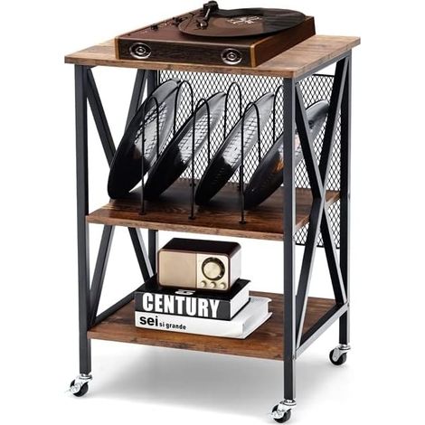 Costway – Desserte à roulettes pour 250 albums – Support de tourne-disque – Structure en bois et fer – 52x45x75cm – 2 roues verrouillables pour stabilité (1/5)