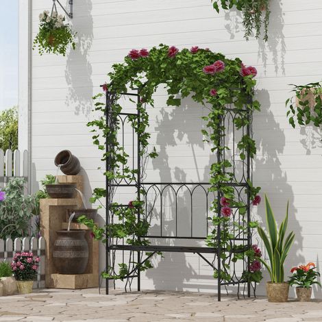 Banc de jardin arche rosier 2 places 115x50x203 cm noir pour plantes grimpantes extérieur