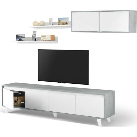 Dmora - Parete attrezzata Kaya, Set da soggiorno, Mobile salotto multiuso, Parete attrezzata moderna, 200x41h50 cm, Cemento e Bianco lucido