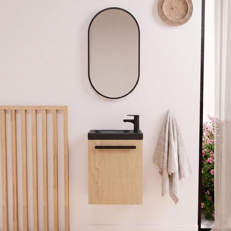 Conjunto de lavabo de pared Nevada con grifería negra y espejo ovalado (1/5)