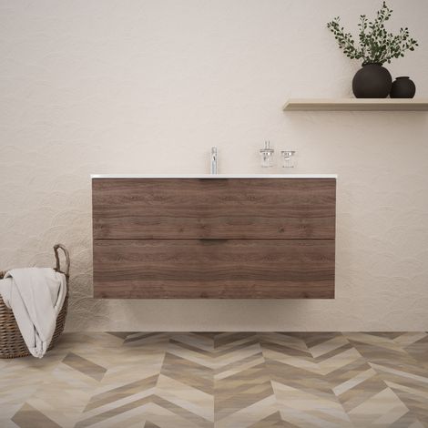 Inda - Badezimmerschrank B.120 mit glänzendem Waschbecken / Braune Eiche 2 Schubladen - Topazio