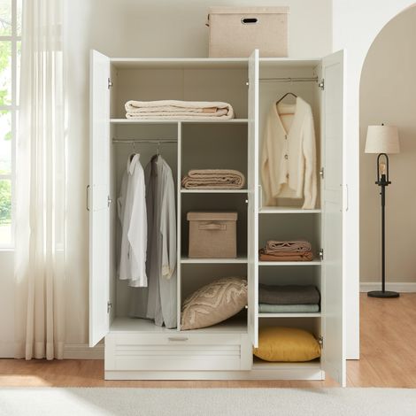 [En.Casa] – Armoire de chambre 3 portes MDF blanc – 7 étagères et 1 tiroir – Dimensions 176 x 120 x 52 cm – Espace penderie optimisé - MDF 176 X