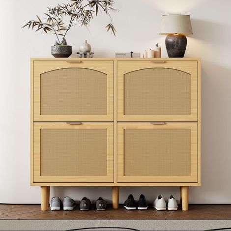 Meubles Cosy Style scandinavian 4-Flip Door Shoe Cabinet, Cane Rattan Design, Space Saving Storage with Rubberwood Legs,Imitation oak