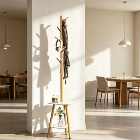 Standgarderobe mit 5 Haken und 2 runden Ablagen, 171 cm, natur und weiß (1/5)
