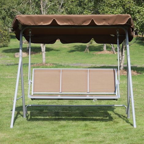 Altalena da giardino Outsunny a 3 posti con tettuccio regolabile, schienale traspirante e struttura in metallo per patio e balcone, portata massima 240 kg, dimensioni 171x108x150 cm, colore marrone.