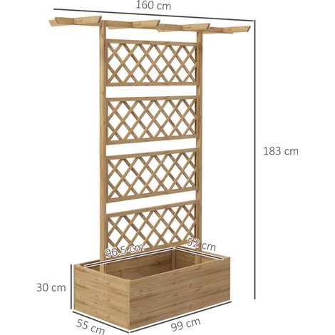Bac potager 2-en-1 bois de sapin naturel 160×55×183 cm avec treillis, toit de suspension et fond ouvert, pour plantes grimpantes, jardin et balcon