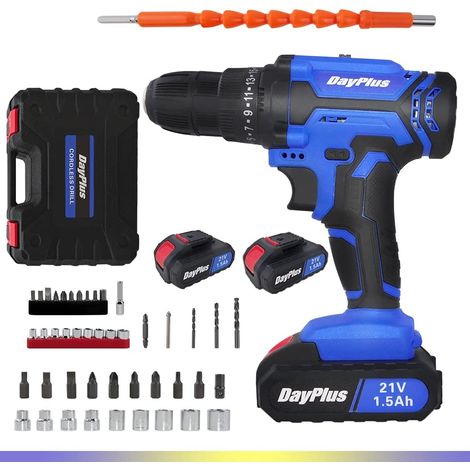 Perceuse Visseuse Sans Fil 21V, Visseuse Devisseuse Sans Fil avec 2 Batteries, 45Nm Perceuse Électrique, 25+1 Réglages de Couple, 26 Accessoires, 2 Vitesses, LED, pour la Bricolage(Bleu) (1/5)