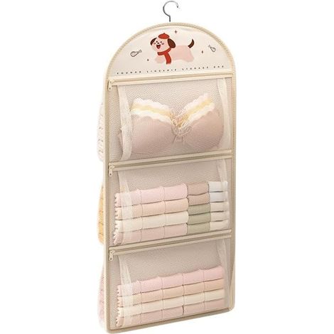 Bolsa de almacenamiento con cremallera Spring Dog [Versión de tres capas y una sola cara] - Armario multiusos para el baño - Ropa interior y calcetines (beige) - Bolsa de recepción para artistas