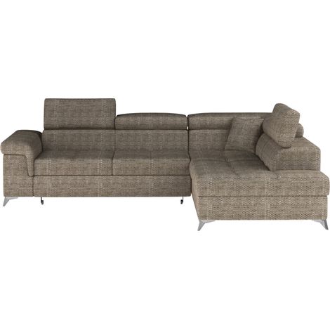 Canapé d'angle convertible tissu MARIDO - Coffre et appuis-tête réglables angle droit-Beige chiné-angle droit (1/5)